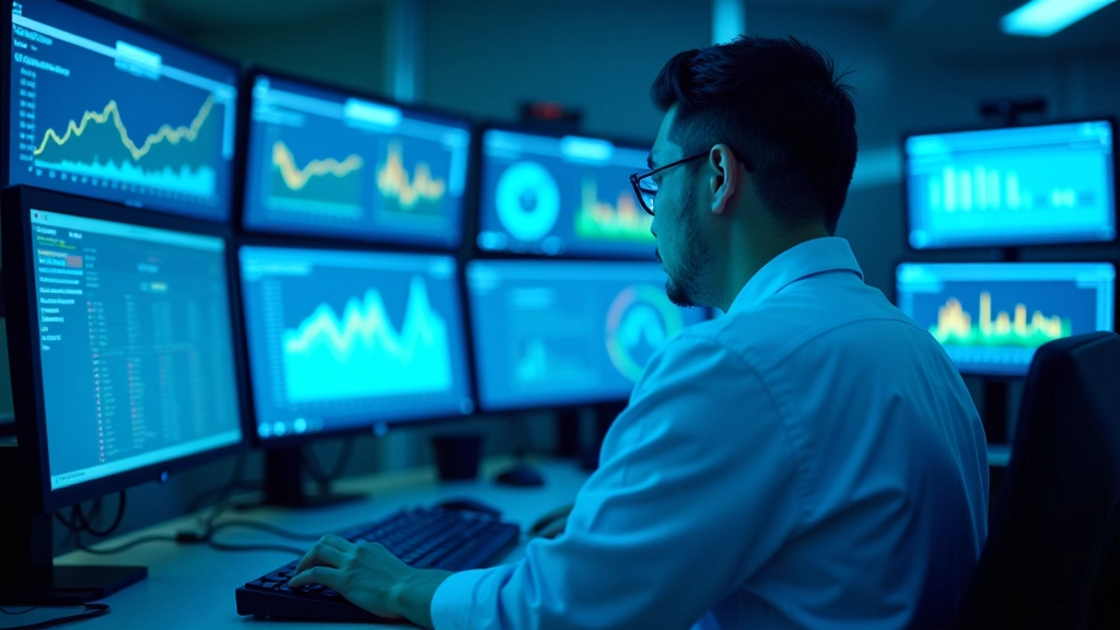 Modern control room with multiple digital screens displaying energy grid data and monitoring systems
