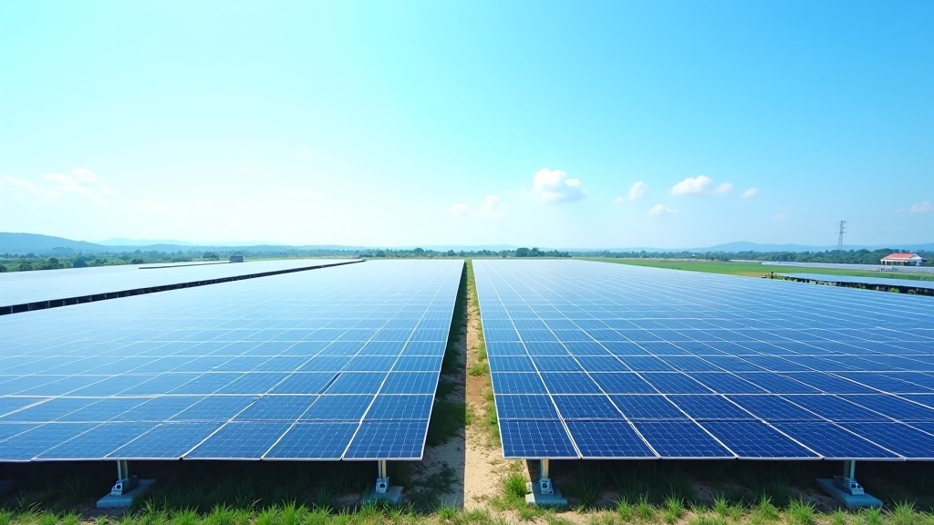 Large-scale solar panel installation with rows of photovoltaic modules under blue sky