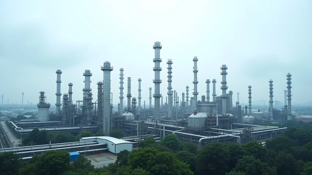 Modern oil refinery with industrial equipment and metal structures against cloudy sky