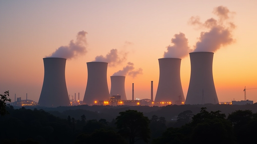 Modern power plant facility with industrial cooling towers against sunset sky