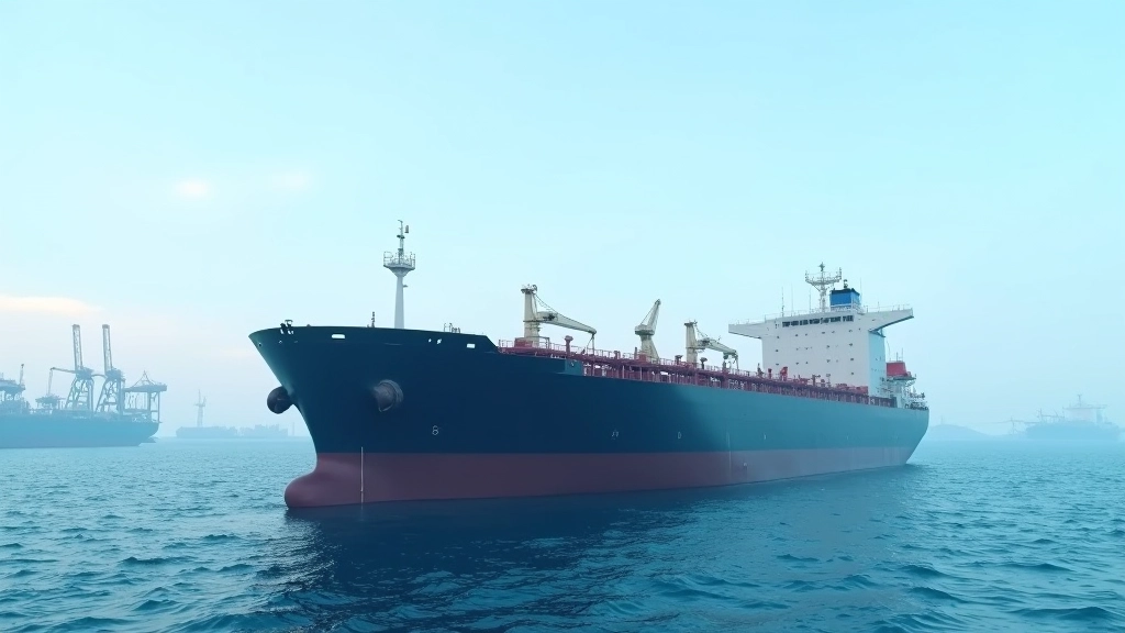 LNG tanker ship carrying liquified natural gas in international waters with industrial port in background