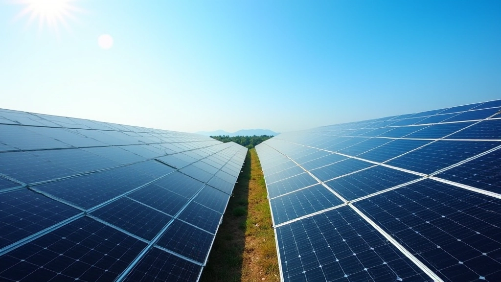 Industrial solar farm with rows of blue solar panels stretching across landscape under clear blue sky