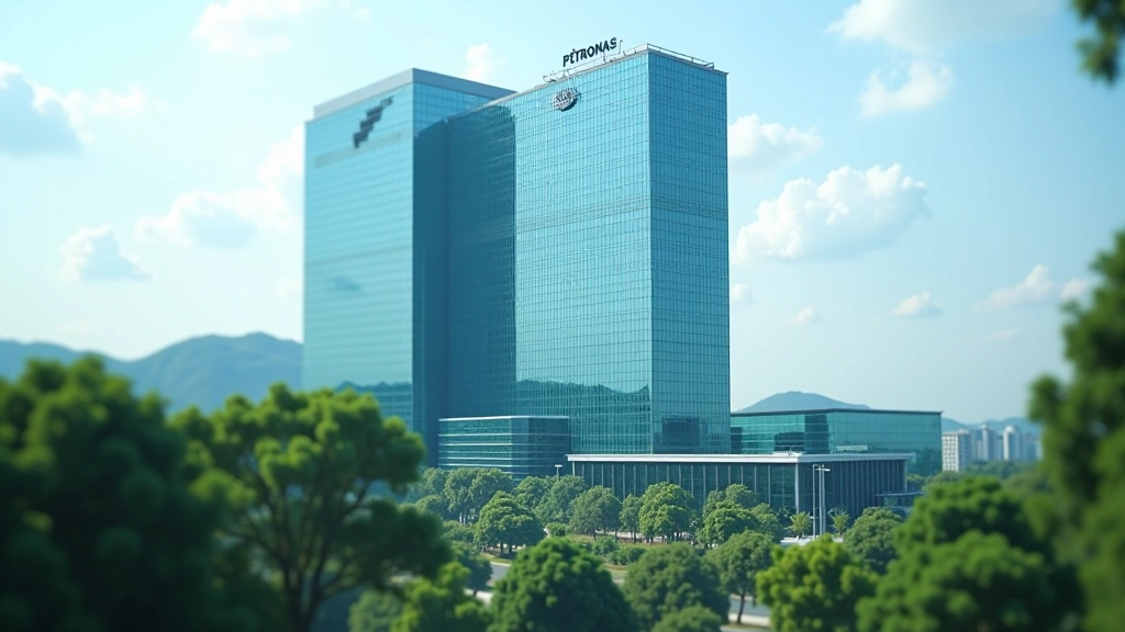 Modern corporate headquarters building with glass architecture and green landscaping representing petroleum industry growth