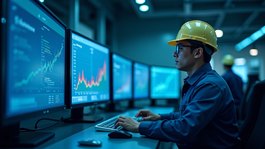Power control room with technicians monitoring grid data on large digital displays and control panels