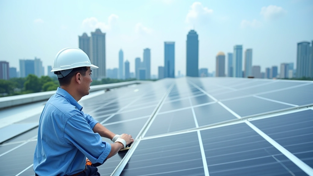 Solar panel installation on modern rooftop with city skyline visible in background