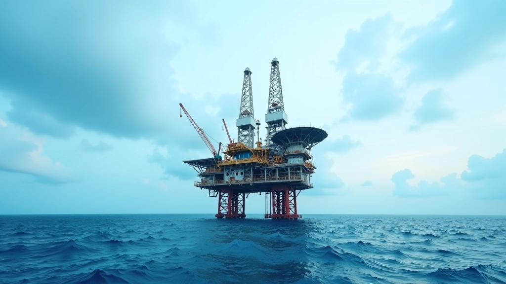 Offshore oil platform in the sea with drilling equipment and worker safety infrastructure visible