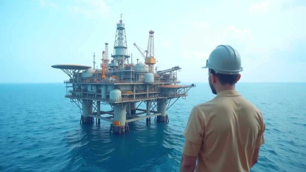 Offshore oil and gas platform in ocean with drilling equipment and production infrastructure against horizon