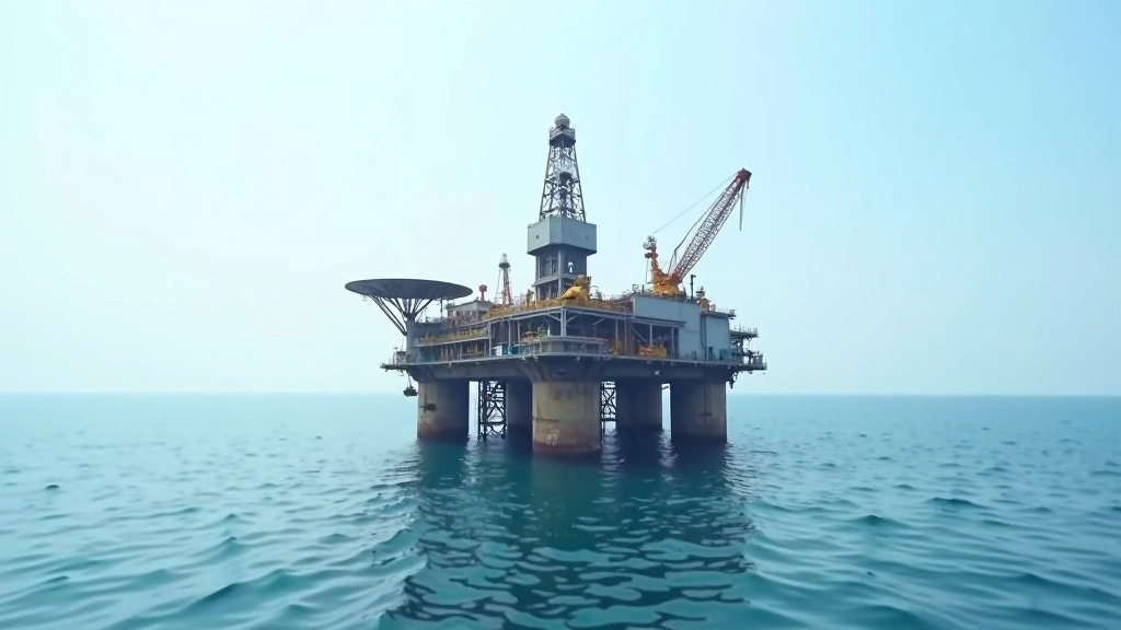Offshore oil and gas production platform with derricks and industrial equipment in open ocean waters