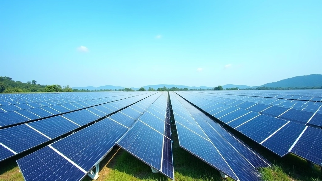 Large-scale solar farm with hundreds of blue photovoltaic panels arranged in rows under clear sky