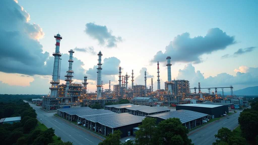 Modern oil and gas facilities with renewable energy infrastructure in the background